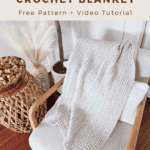 A crocheted blanket with a braided wheat pattern is draped over the arm of a chair. Text: "Braided Wheat Crochet Blanket - Free Pattern + Video Tutorial - www.BrianaKDesigns.com".