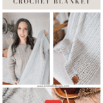 Image collage showcasing a woman holding a braided wheat crochet blanket, close-ups of the blanket's texture and tag, and crochet supplies. Text reads "Free Pattern + Video Tutorial Braided Wheat Crochet Blanket.