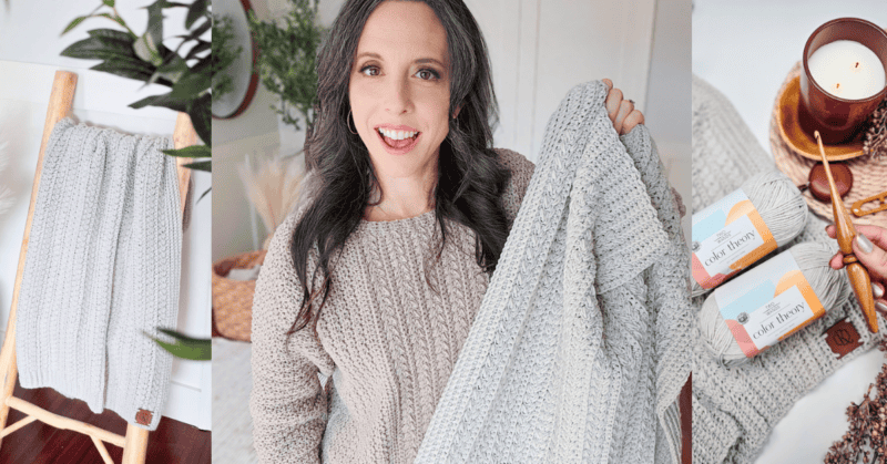 A woman holding a light gray knitted blanket. Additional images show the blanket on a wooden ladder, and two skeins of yarn beside a candle on a knit surface.