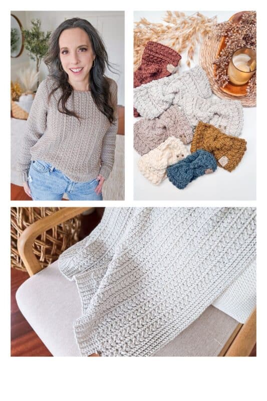 A woman in a beige sweater and jeans smiles beside a display of colorful knitted items and a beige knitted blanket on a chair, showcasing the vibrant results from her crochet and knit courses.