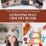 Crochet beanies in various colors with pom-poms are displayed. A smiling person wears one. Yarn and a crochet hook are shown, with text about a free pattern and video tutorial for the beanies.