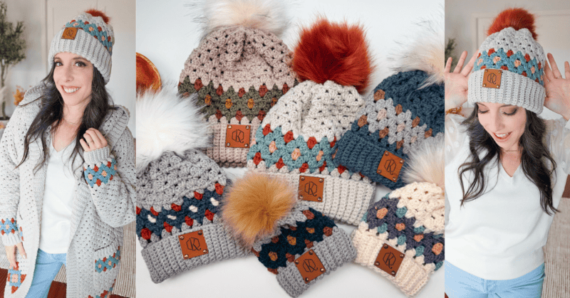 A woman models a crocheted hat and cardigan. Close-up of several crocheted hats with pom-poms and leather patches laid out on a surface.