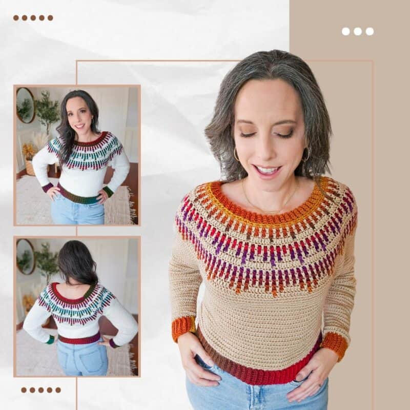 The woman is wearing a Mosaic Ridge Crochet Pullover with colorful patterns, standing and smiling. Inset images show her posing from the front and back.