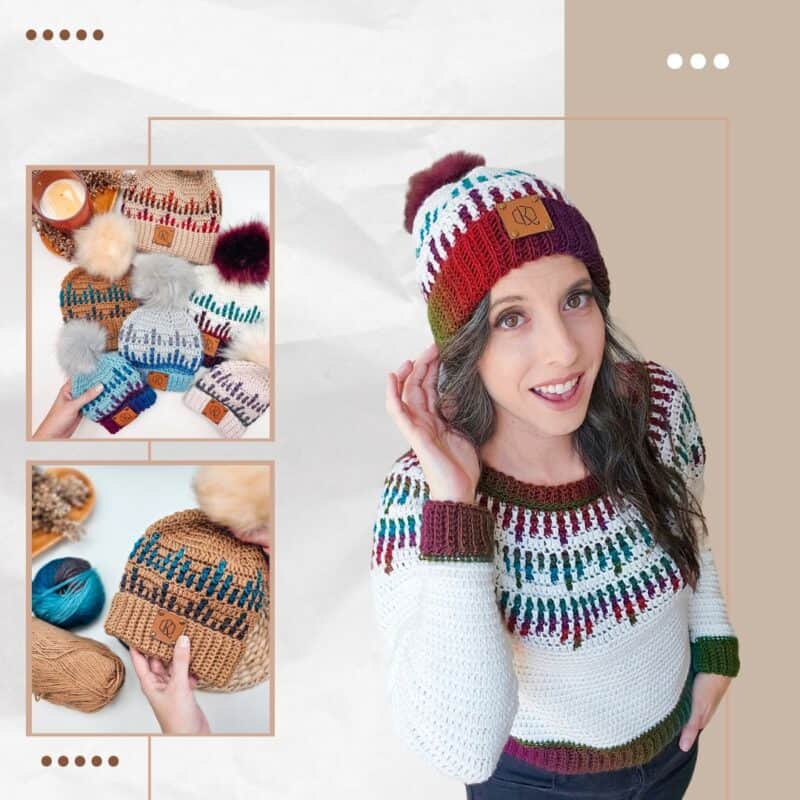 Person wearing a multicolored knit sweater and beanie, reminiscent of the intricate Mosaic Ridge Crochet Hat Pattern, with images of knitted hats and yarn balls in the background.