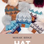 A collection of knitted hats with pom-poms in various colors is displayed on a surface. A lit candle and pine cones are nearby. Text reads "Mosaic Ridge Hat Free Pattern + Video Tutorial.