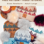 Six crocheted hats with varying color patterns and pom-poms are displayed on a white surface. A candle is lit nearby. Text describes a free pattern and tutorial available in multiple sizes.