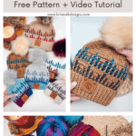 Display of crochet hats with colorful patterns and pom-poms next to balls of yarn and a crochet hook. Text reads: "Mosaic Ridge Crochet Hat: Free Pattern + Video Tutorial.