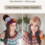 Two individuals wearing crochet hats with multicolor patterns. Text reads: "Mosaic Ridge Crochet Hat. Sizes Newborn - Adult Large. Free Pattern + Video Tutorial. Brianakdesigns.com.