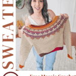 Woman holding a colorful crochet sweater. Text on image: "Free Mosaic Crochet Pattern + Video Tutorial, Sizes XS - 5X, www.brianakdesigns.com".