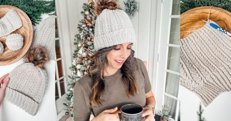 Woman wearing a knit hat holding a mug, standing by a decorated Christmas tree. Two images of knit hats and an unfinished knitted fabric are shown beside.