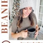 Woman in a knitted beanie holding a mug, standing near a decorated Christmas tree. Discover the cozy Snowy Wheat Puff Crochet Hat Pattern, available in sizes Newborn - Adult. Free crochet hat pattern + video tutorial at www.brianakdesigns.com.