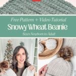 Collage featuring a knitted beanie pattern, a woman holding two beanies, and finished beanies with faux fur pom-poms. Text: "Snowy Wheat Puff Beanie - Free Pattern + Video Tutorial.