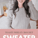 Person wearing a gray crochet sweater standing in a room with plants and a wicker chair. Text reads: "Toasty Wheat Crochet Sweater. Free Pattern + Video Tutorial. www.brianakdesigns.com".