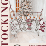 A display of knit stockings with various patterns hangs near a decorated Christmas tree. Text reads: "Stockings. 7 Designs Included. Free Pattern + Video Tutorial. www.brianakdesigns.com.