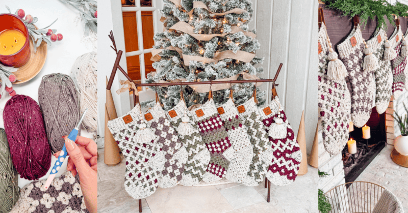 Crocheted Christmas stockings hang by a tree and fireplace, with yarn and a crochet hook nearby.