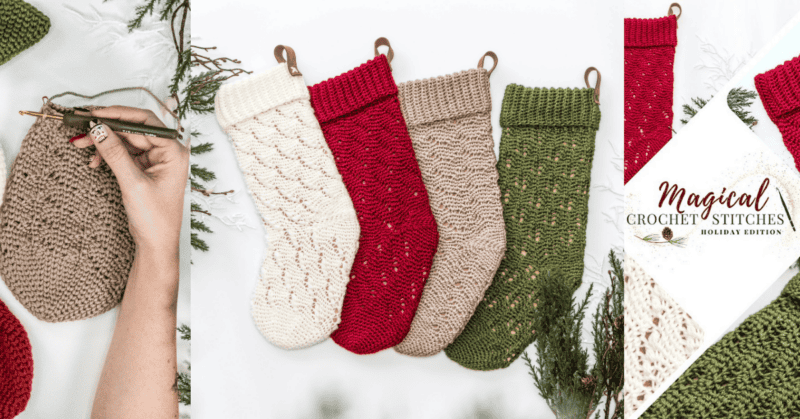 A hand crocheting with yarn and a hook on the left. On the right, five crocheted stockings in beige, red, and green colors are displayed.