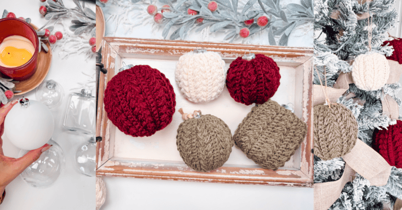 Various knit ornaments displayed on a tray and hung on a snowy Christmas tree.