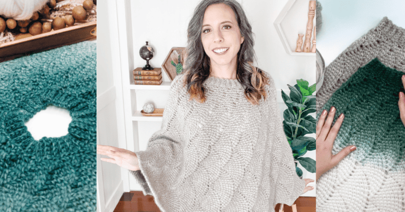 Woman wearing a knitted poncho with a close-up of a green knitted piece nearby. Room features shelves with books and small decor items.