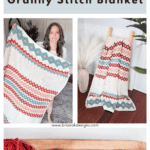 Crochet pattern ad featuring a woman holding a dazzling Gemstone Hues Granny Stitch Blanket, beautifully draped on a ladder. Yarn skeins are artfully displayed below. Discover this vibrant creation with our free pattern today.