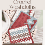 Crochet washcloths in vibrant gemstone hues with chevron patterns are displayed alongside bath items. Text reads: "Gemstone Hues Crochet Washcloths and Blanket, free pattern + video tutorial at www.brianakdesigns.com.