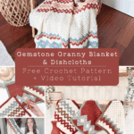 Collage featuring the Gemstone Hues Crochet Blanket draped on a chair, matching dishcloths, yarn, and a woman holding the blanket; text promotes the Gemstone Hues Crochet Blanket Free Pattern and video tutorial.