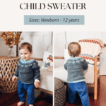 Young child wearing a gray and white crochet sweater and blue pants, standing and turning in a cozy room with a basket and chair.