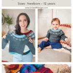 Woman holding a crochet child's sweater; child wearing a similar sweater while seated. Colorful yarn and crochet needles shown below. Text: "Mosaic Crochet Child's Sweater," pattern sizes for newborn to 12 years.