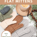 Various knitted winter mittens and a cup of coffee displayed on a surface with greenery and decorative beads. Text reads: "Free Pattern + Video Tutorial - Winter Wheat Flat Mittens" at Briana K Designs.