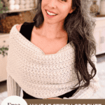 Woman wearing a cream-colored crochet sweater scarf, standing indoors. Text overlay reads: “Free Pattern - Winter Wheat Crochet Sweater Scarf Pattern - www.brianakdesigns.com”.