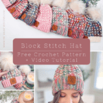 Crochet hats with fur pom-poms displayed alongside yarn skeins and a candle, featuring a block stitch pattern and a free crochet tutorial.