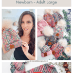 Collage featuring a woman holding two crochet hats, a close-up of hats with faux fur pom-poms, and yarn with a crochet hook. Text advertises a block stitch hat pattern and video tutorial.