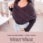 Person wearing a dark crocheted sweater scarf, standing in a room. Text on image promotes a free crochet pattern and video tutorial by briana k designs.