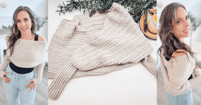 Two images show a person wearing a beige knitted shrug. The center image displays the shrug laid flat on a surface, featuring textured knitting, next to a lavender branch and a wooden disc.