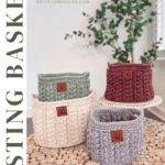 Three knitted nesting baskets in green, red, and gray sit on a woven mat, with a plant in the background. Text reads "Wheat Stitch" and "Free Pattern + Video Tutorial" by Briana K Designs.