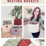 Woman holding crocheted nesting baskets; other baskets displayed on pebbles. Text: Free Crochet Pattern + Video Tutorial. Includes website URL and play button icon.