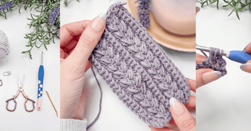 Hands crocheting a grey textured pattern with a blue hook. Lavender sprigs, a cup, scissors, a pen, a needle, and yarn balls are visible nearby.