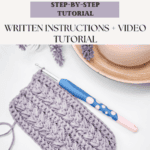 Crochet sample of the wheat stitch with a hook placed beside it. Cup of coffee and lavender bouquet in the background. Text overlay about a step-by-step tutorial.