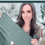 Woman holding a green knit garment, smiling, with text above that reads "Braided Wheat Crochet Summer Top Pattern—Simple garment with only 2 seams." Website url appears at the bottom.
