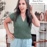 Woman wearing a green Braided Wheat Crochet Summer Top Pattern and light blue pants stands in a living room with her hand on her hip. Text reads "Braided Wheat Top" and "Easy & Free Crochet Pattern".