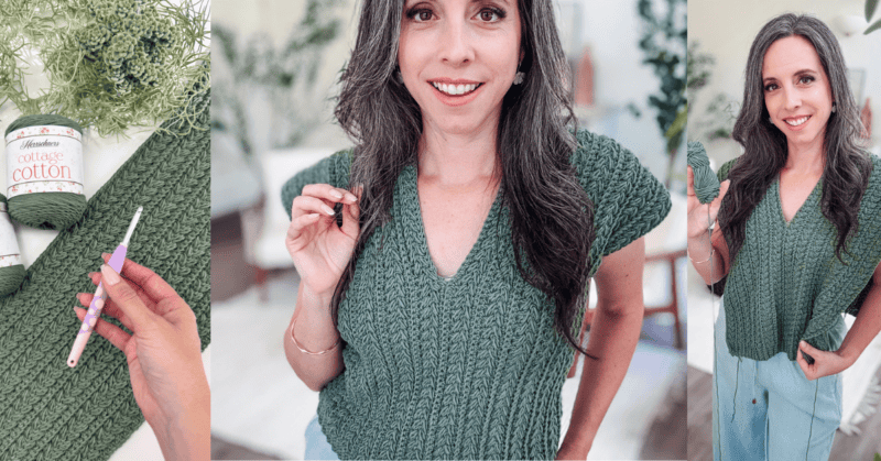 A woman wearing a green knitted top holding a crochet hook and yarn, with plants in the background. Three-panel image showing close-up of materials and finished top.
