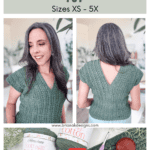 Woman wearing a green crocheted top with a braided pattern; images show front and back. Included are yarn and crochet tools. Text offers a free crochet pattern and video tutorial for sizes XS to 5X.