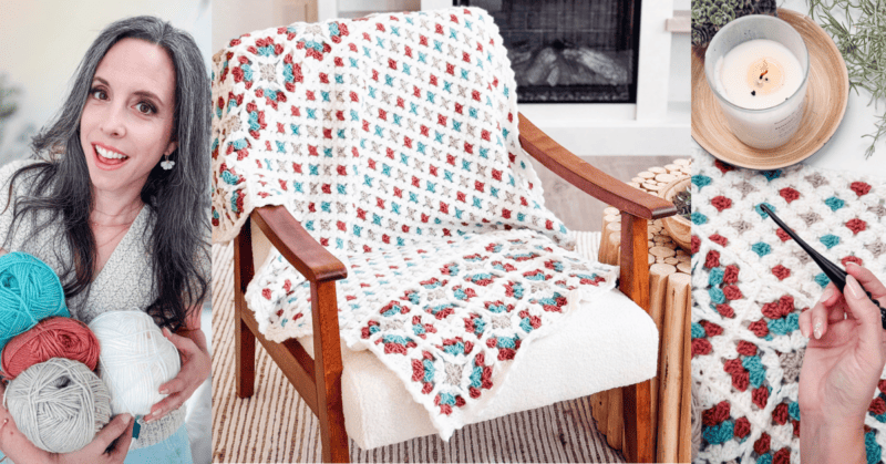 A woman holds yarn skeins; a crocheted blanket in blue, red, and white colors drapes over a chair; a hand crochets the blanket near a lit candle.