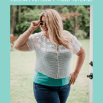 Woman wearing a short-sleeve, open-front Lollipop Summer Cardigan over a green top, standing outdoors and smiling. Text advertises a Free Crochet Pattern and video tutorial in sizes XS-5X.