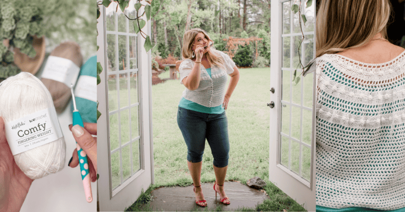 A woman stands in open double doors wearing a crocheted lace top; close-ups show the yarn, crochet hook, and the shirt's detailed back pattern.