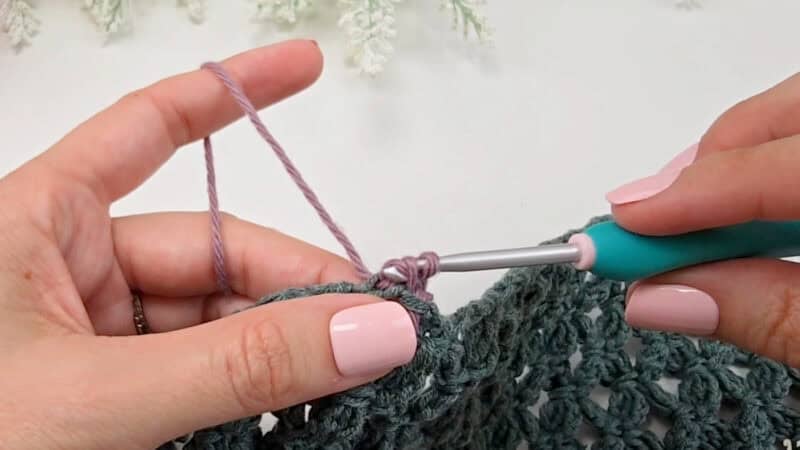 Close-up of hands crocheting with a crochet hook and green and purple yarn, set against a white background with decorative foliage—perfect for learning how to crochet a clean, straight edge.