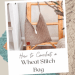 A crocheted wheat stitch bag hangs on a wooden rack beside a textured blue mat; text advertises a free pattern and video tutorial at brianakdesigns.com.