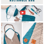Crochet supplies and a wheat stitch rectangle bag in teal and beige are shown, advertising a free crochet pattern and video tutorial for making the bag.