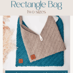 Two crocheted rectangle bags in teal and beige with leather tags are displayed; the image advertises a wheat stitch crochet pattern and video tutorial in two sizes.