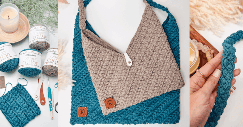 A crocheted shoulder bag in teal and beige is displayed with yarn, hooks, and a swatch, highlighting the braided strap and textured stitching.