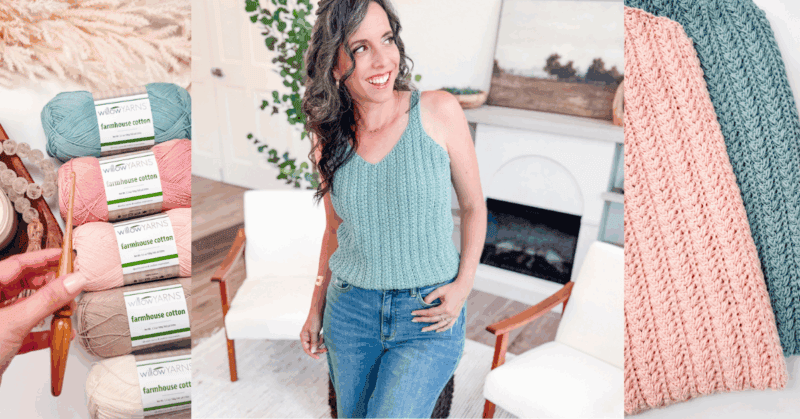 Crocheted wheat stitch summer tank top. A woman wears a teal crochet tank top, standing in a modern living room. Yarn balls and crochet swatches in pink, teal, and beige are shown alongside.